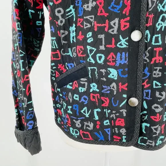 Bets by Canvasbacks Vintage 90s Black Colorful Print Quilted Button Jacket S - Picture 4 of 15